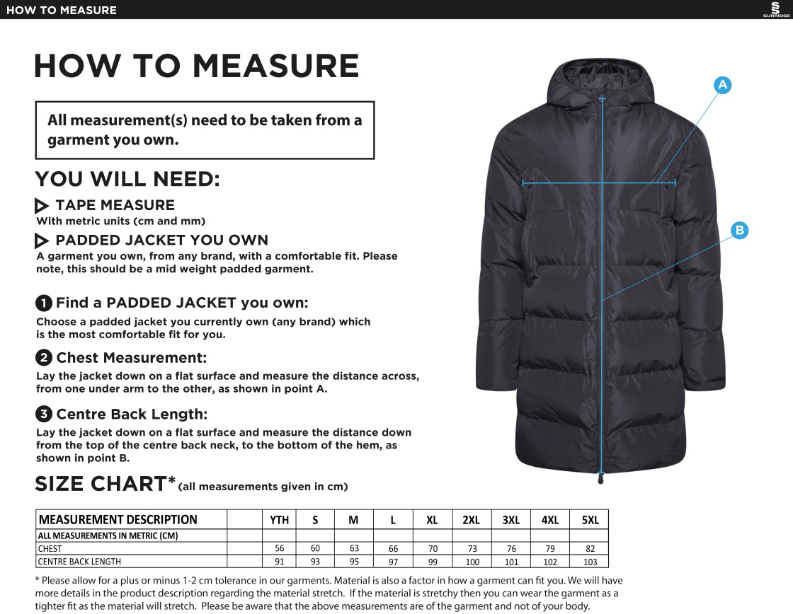University of Manchester - Active Long Padded Jacket - Unisex Fit - Size Guide