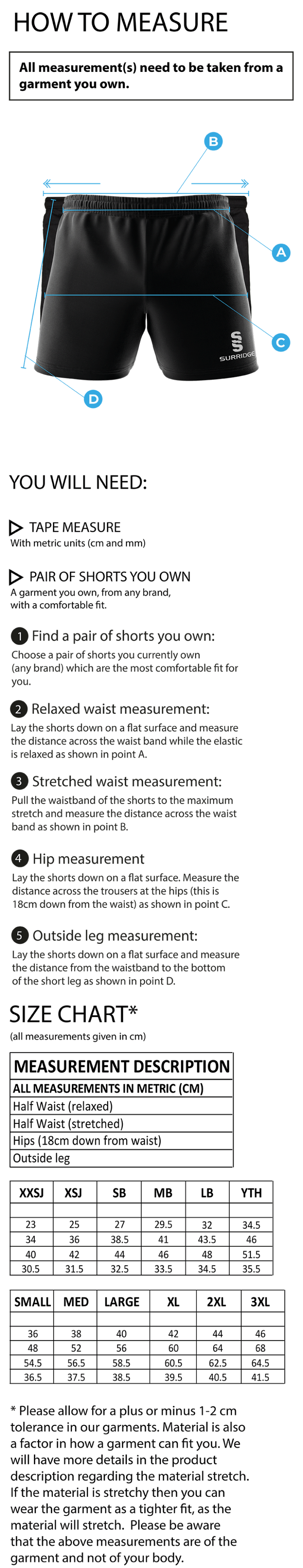 University of Manchester - Premier Rugby Short - Unisex Fit - Size Guide
