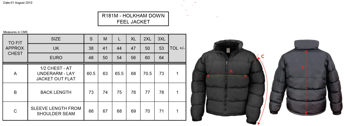 University of Manchester - Holkham Down Feel Jacket - Men's - Size Guide