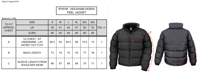 University of Manchester - Holkham Down Feel Jacket - Unisex Fit - Size Guide