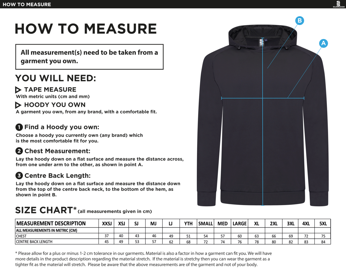 University of Manchester - Active Hoody - Unisex Fit - Size Guide