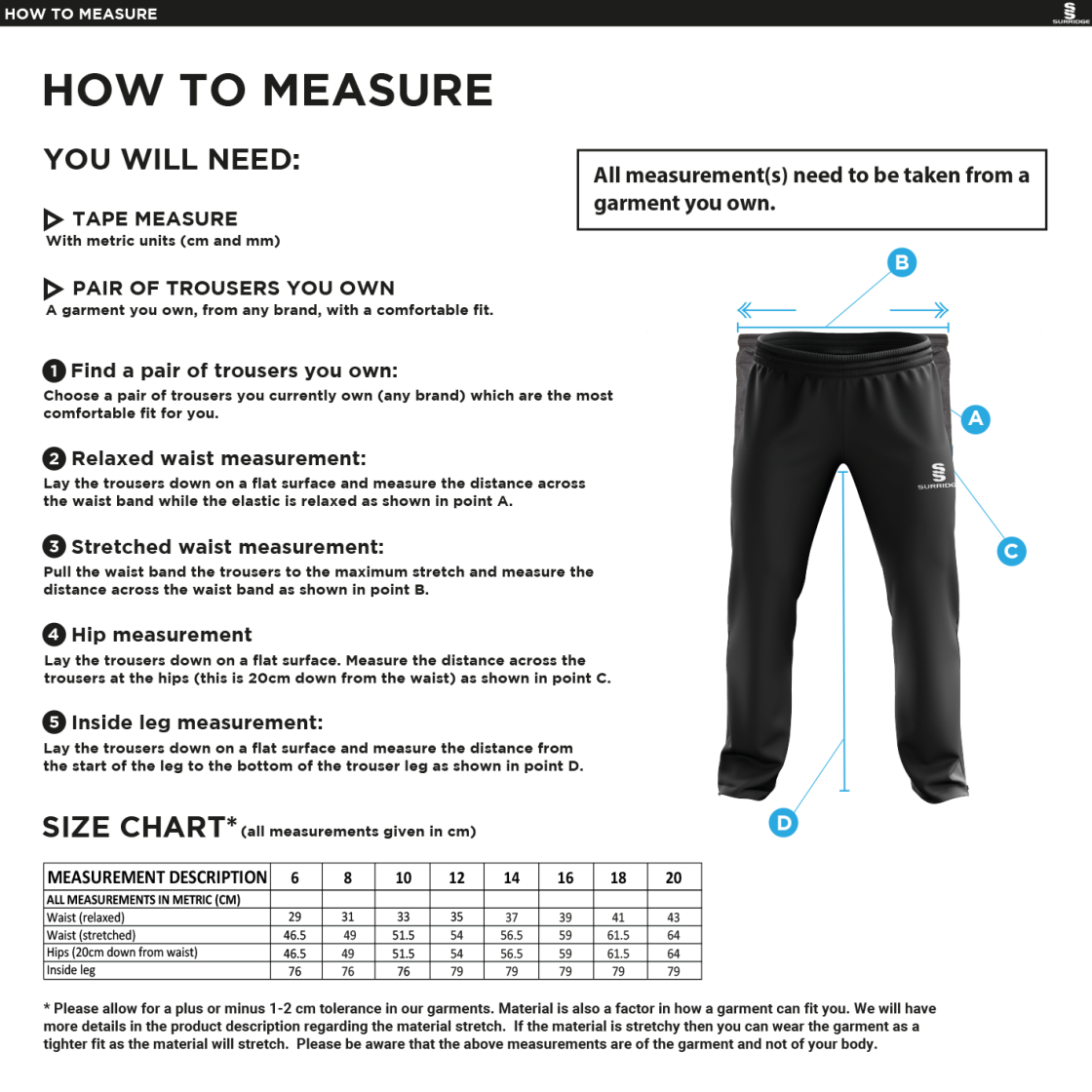 Manchester Rugby Medics - Poplin Track Pant - Women's Fit - Size Guide