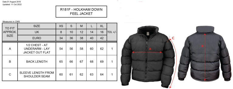University of Manchester - Holkham Down Feel Jacket - Women's Fit - Size Guide