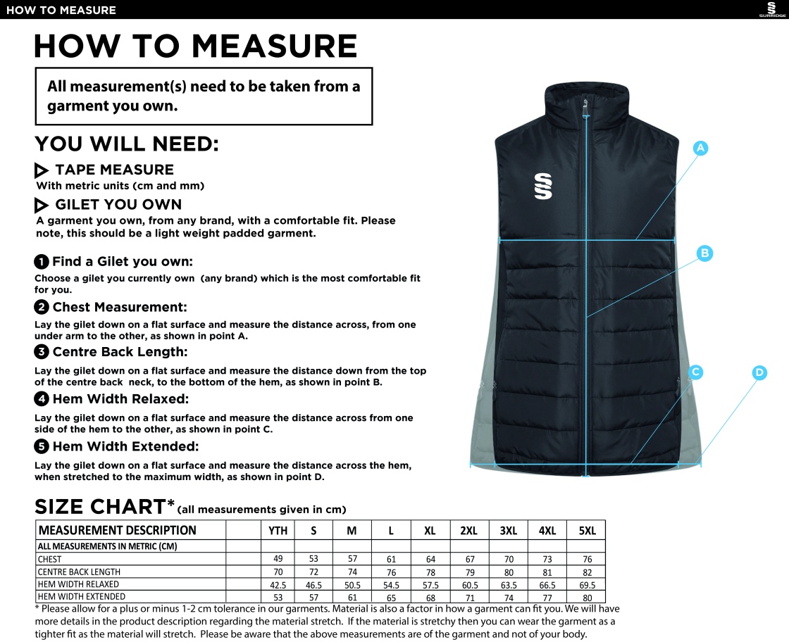 University of Manchester - Active Gilet - Unisex Fit - Size Guide