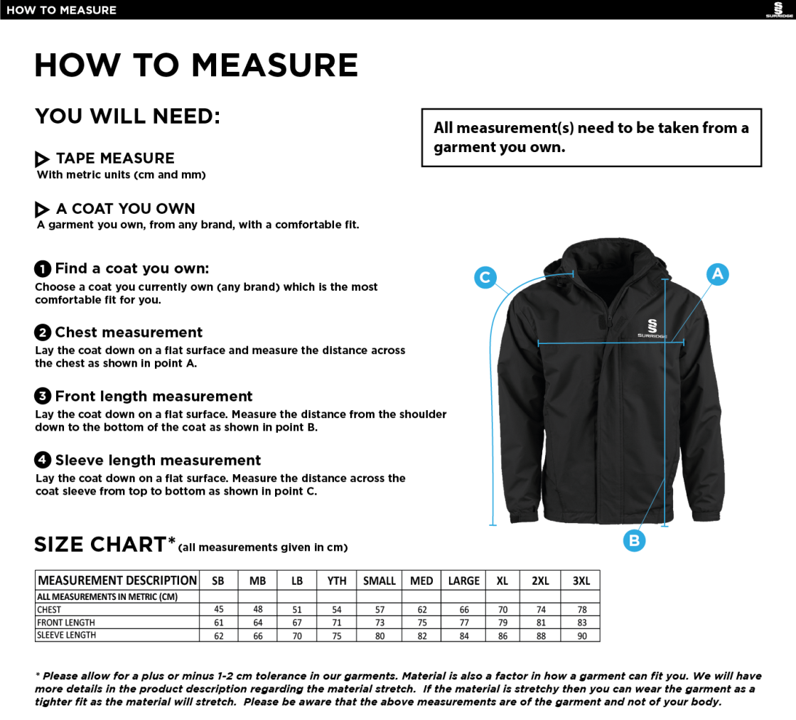 University of Manchester - Dual Fleece Lined Jacket - Unisex Fit - Size Guide