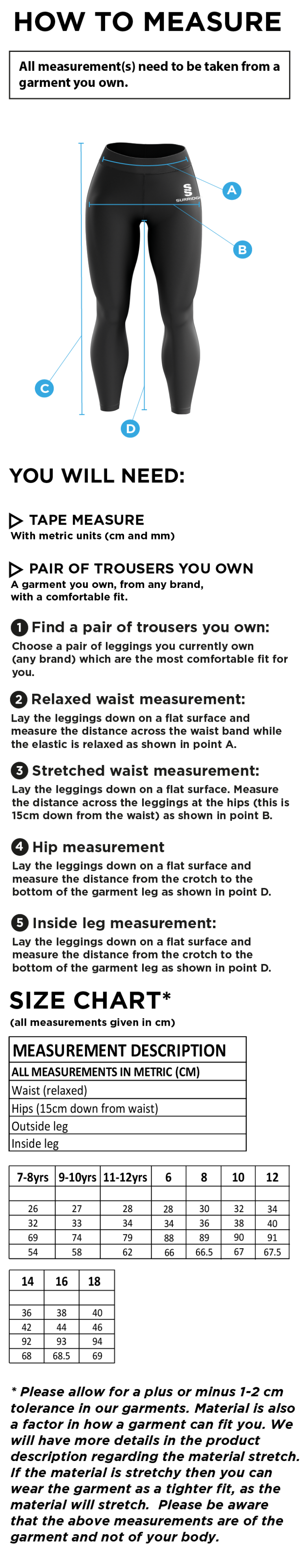 University of Manchester - Performance Full Length Leggings - Women's Fit - Size Guide