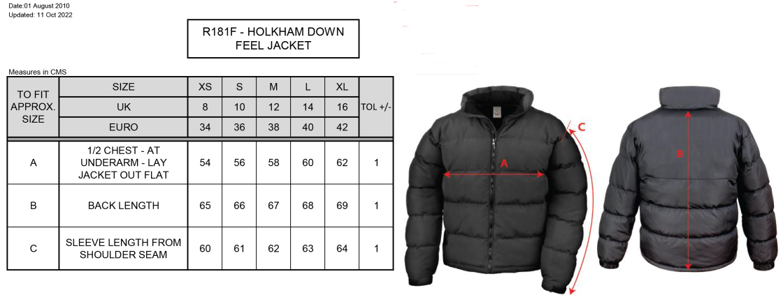 University of Manchester - Holkham Down Feel Jacket - Women's Fit - Size Guide