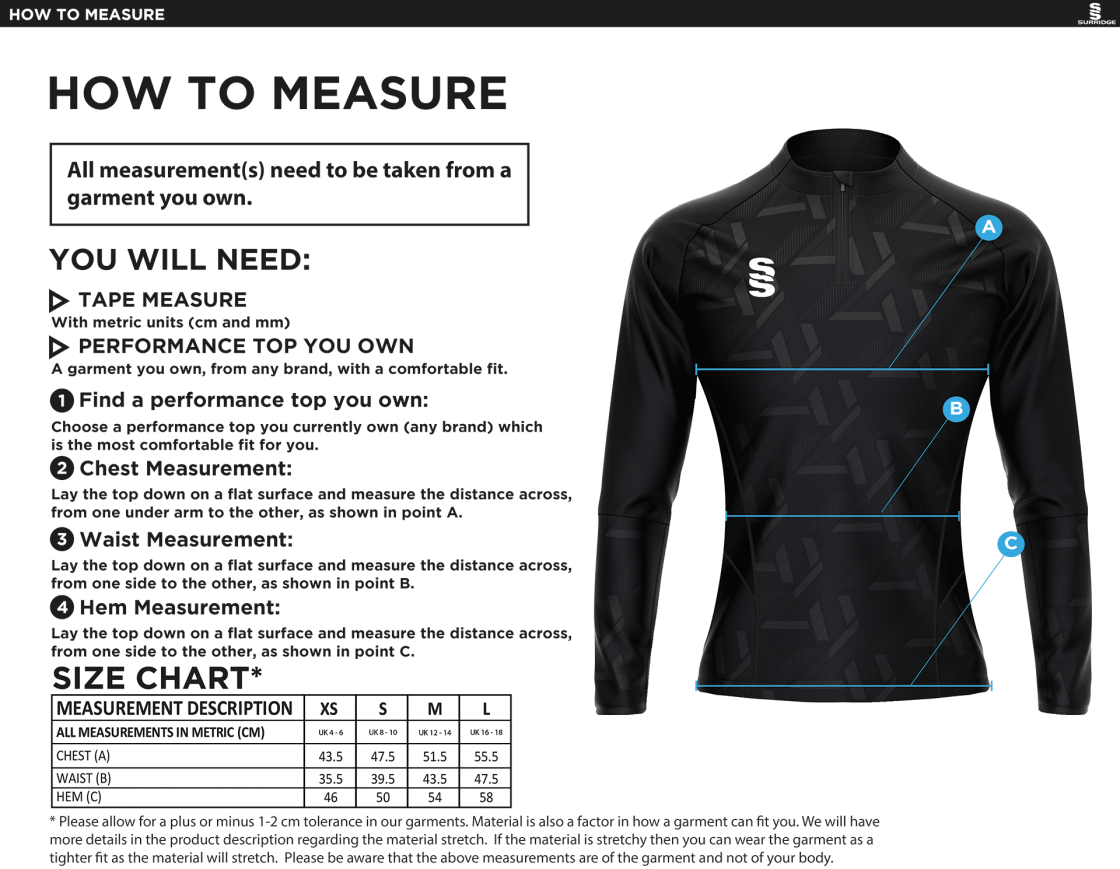 Manchester Rugby Medics - Impact 1/4 Zip Performance Top - Women's Fit - Size Guide