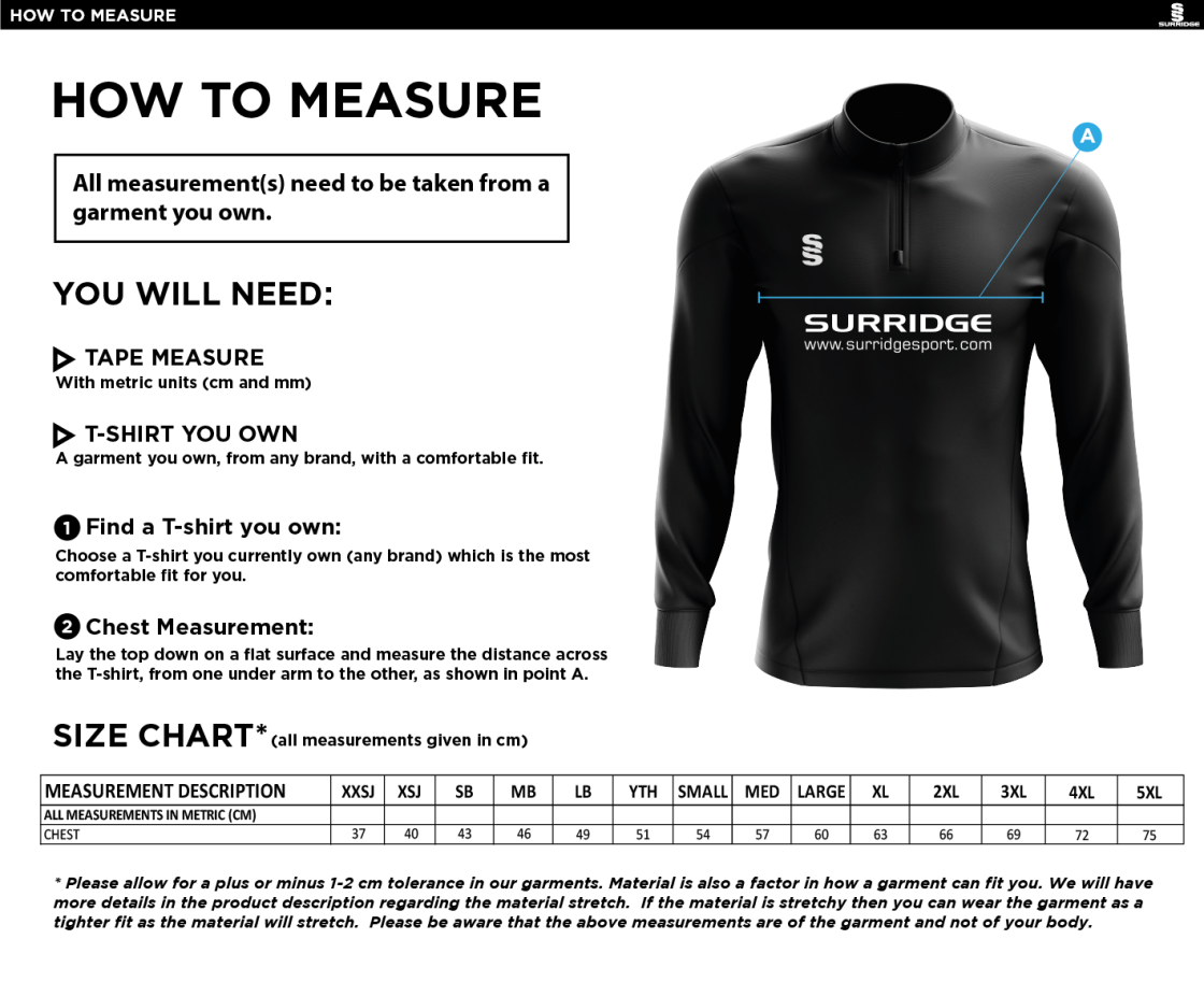 University of Manchester - Cricket 1/4 Performance Top - Men's - Size Guide