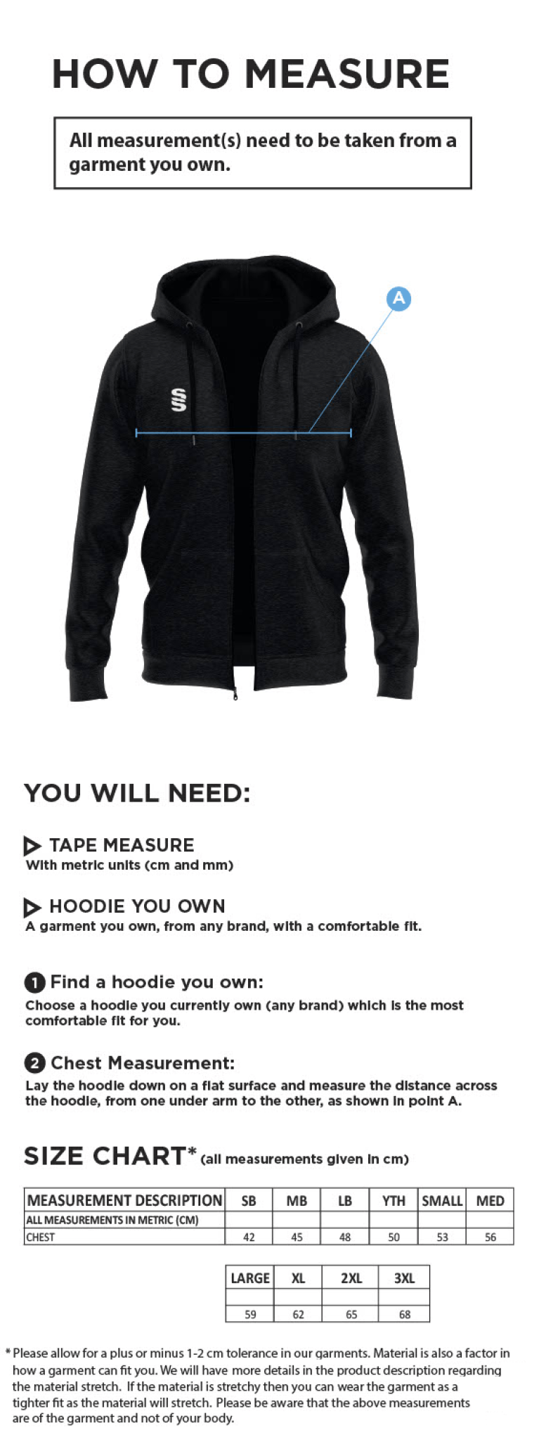 University of Manchester - Dual Full Zip Hoody - Unisex Fit - Size Guide