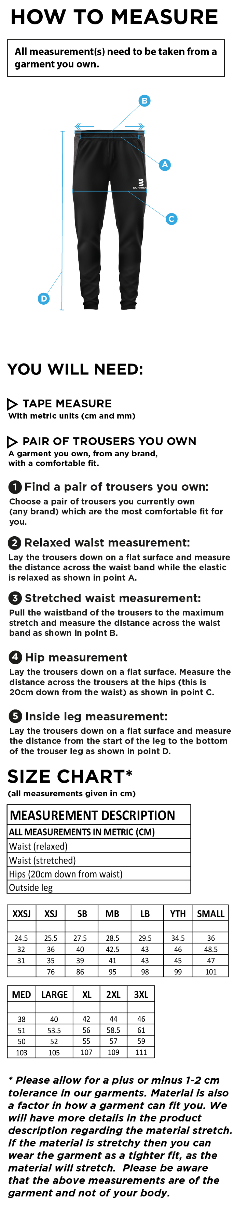 University of Manchester - Tek Slim Training Pants - Unisex Fit - Size Guide