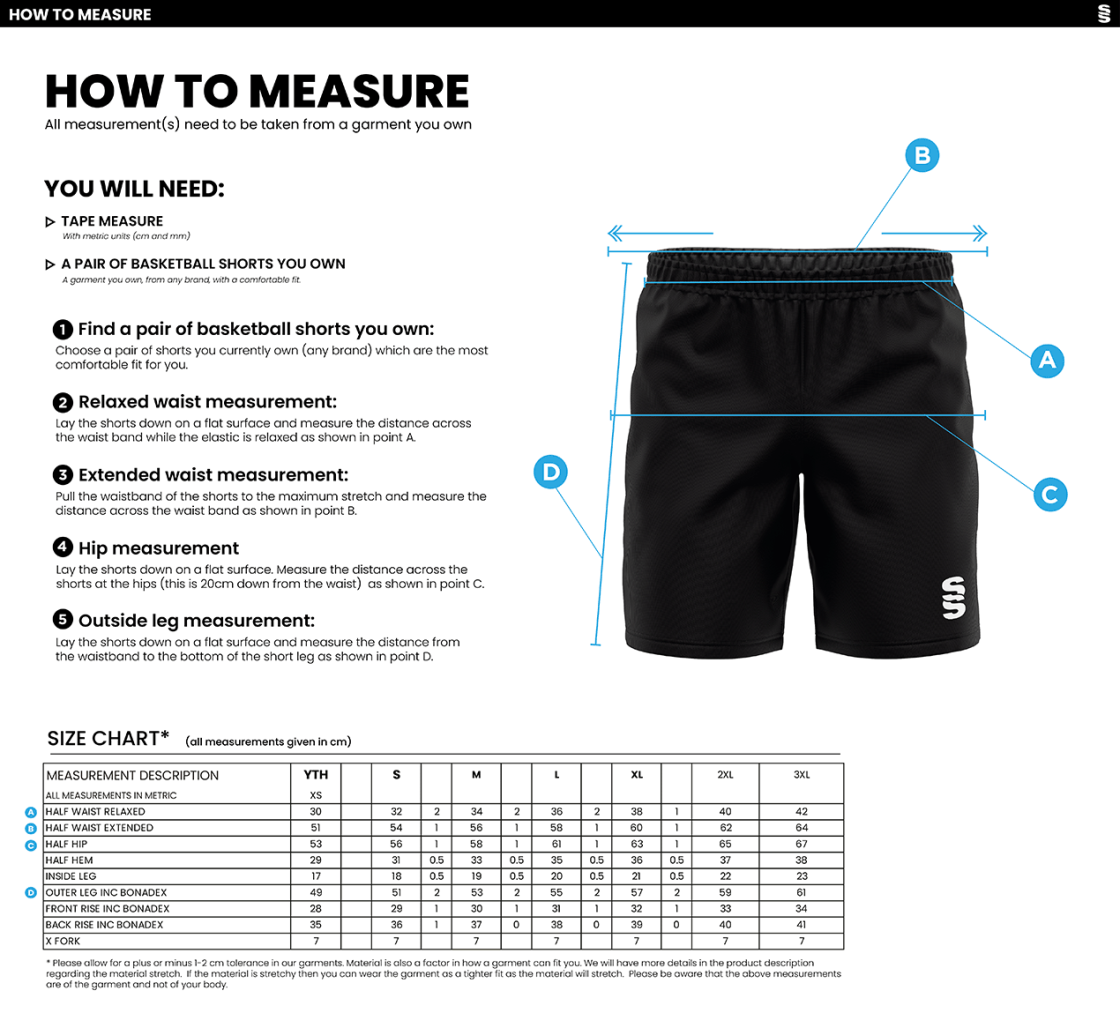 UNIVERSITY OF MANCHESTER BASKETBALL SHORTS - BLACK - Size Guide