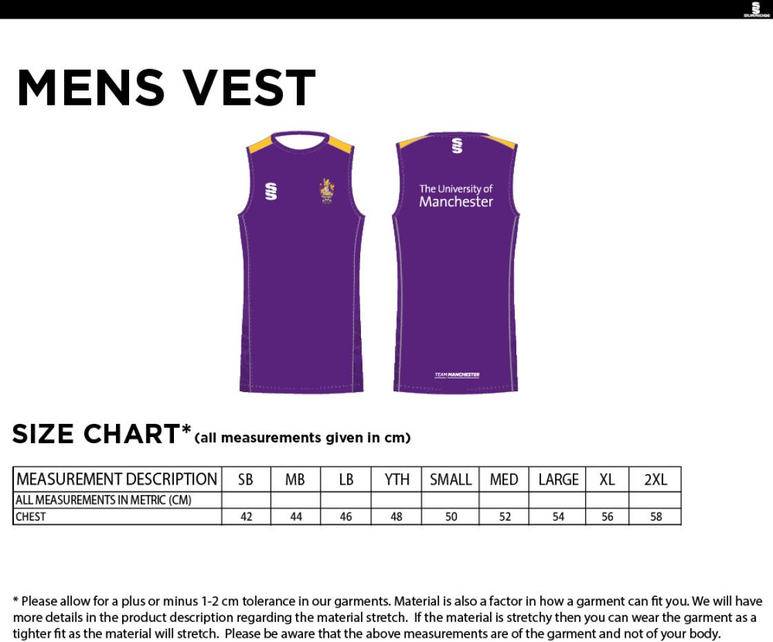 University of Manchester - Vest - Men's - Size Guide