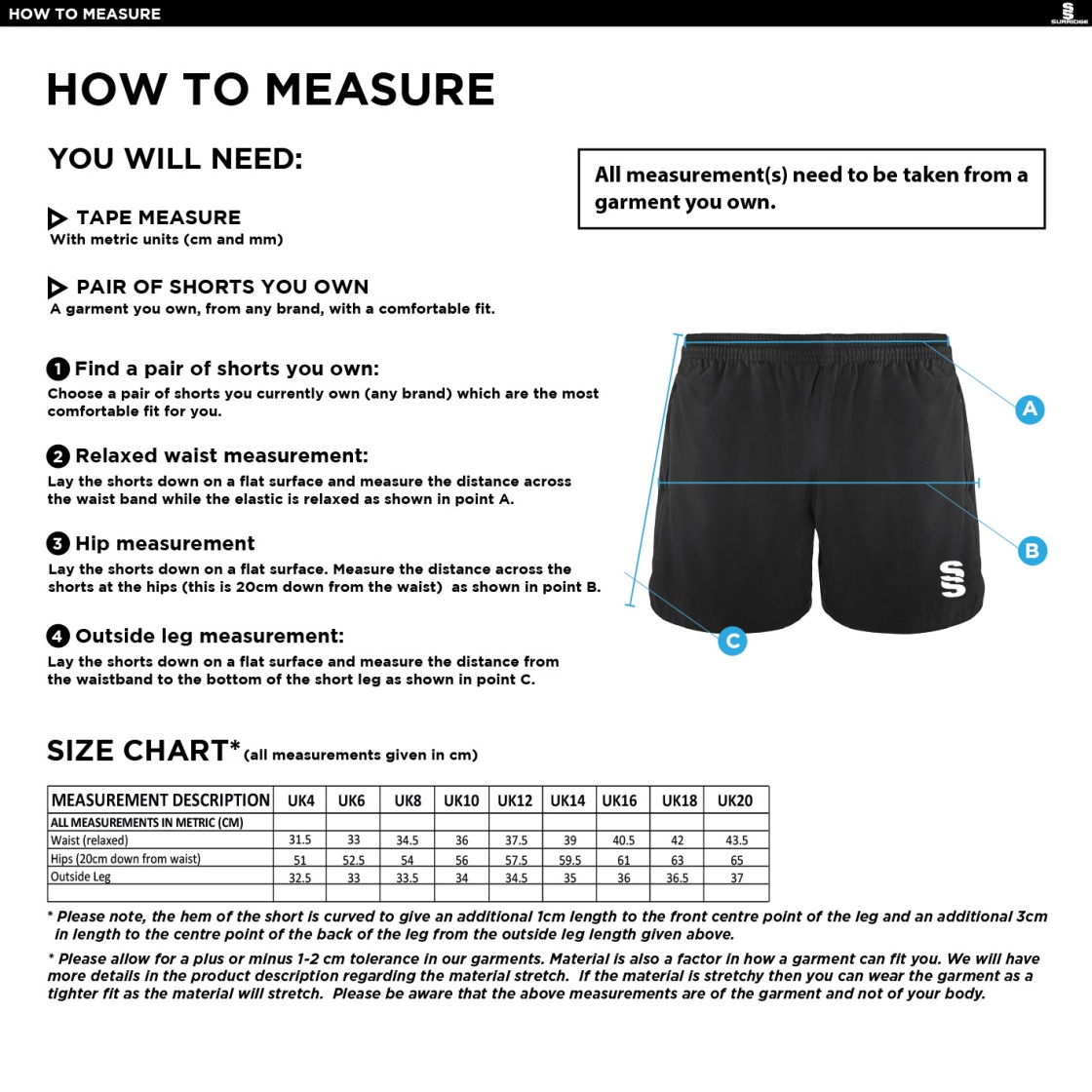 University of Manchester - Performance Gym Short - Women's Fit - Size Guide