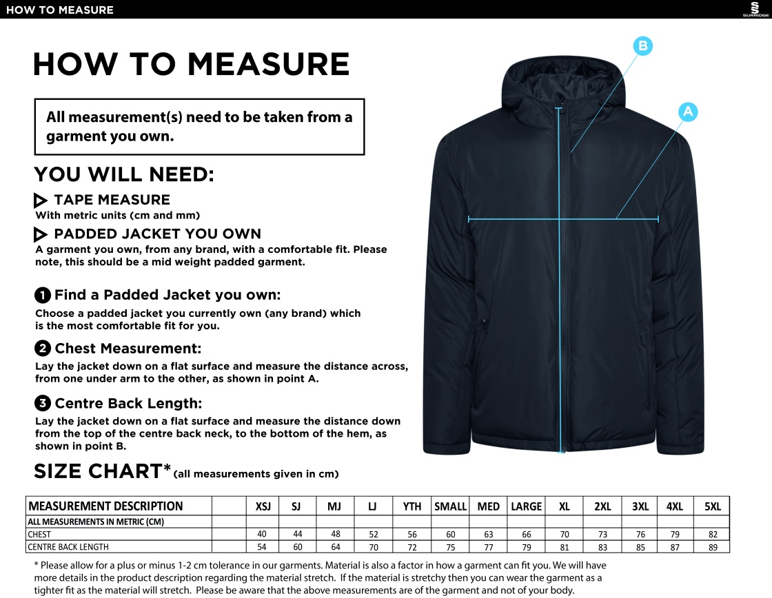 University of Manchester - Active Padded Jacket - Unisex Fit - Size Guide