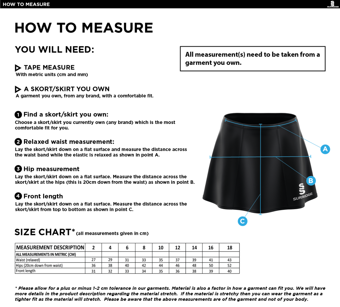 University of Manchester - Blade Skort - Women's Fit - Size Guide