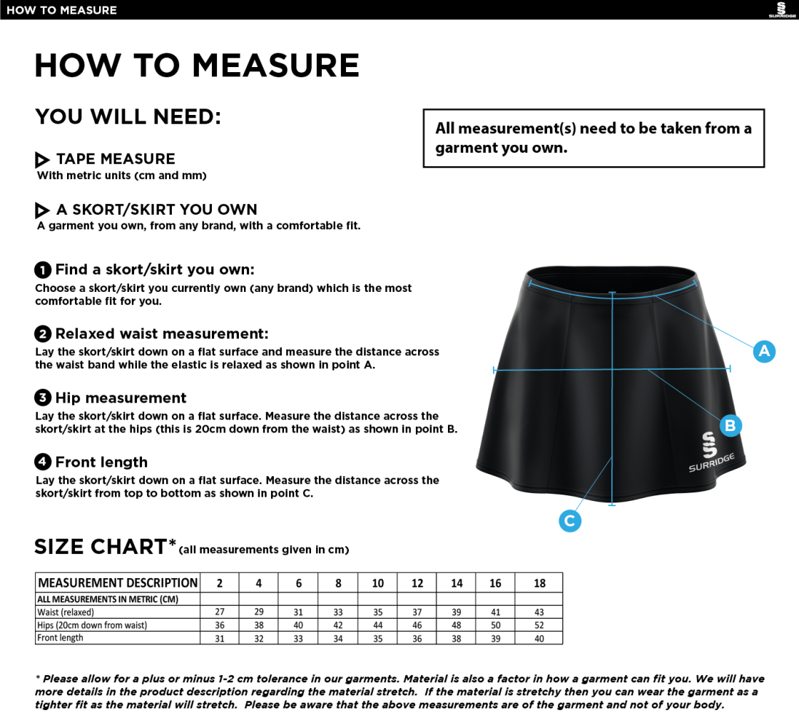 University of Manchester - Blade Skort - Size Guide