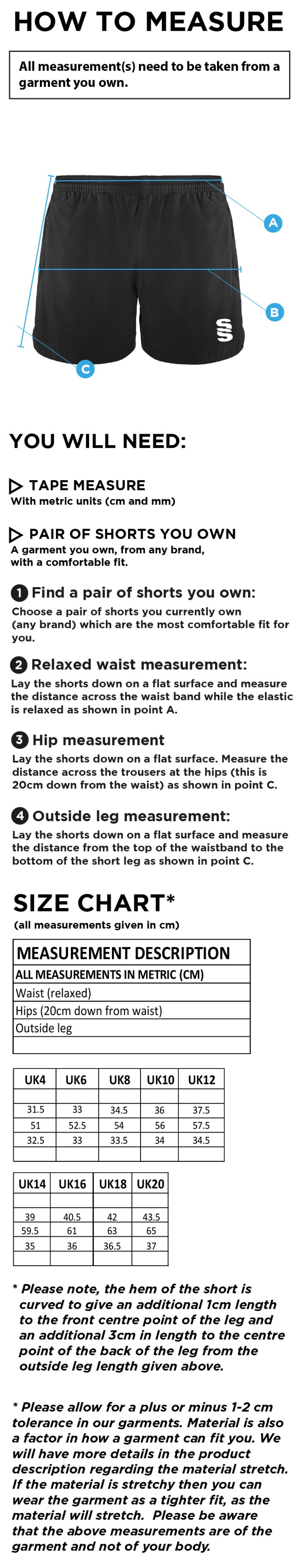 University of Manchester - Performance Gym Short - Women's Fit - Size Guide