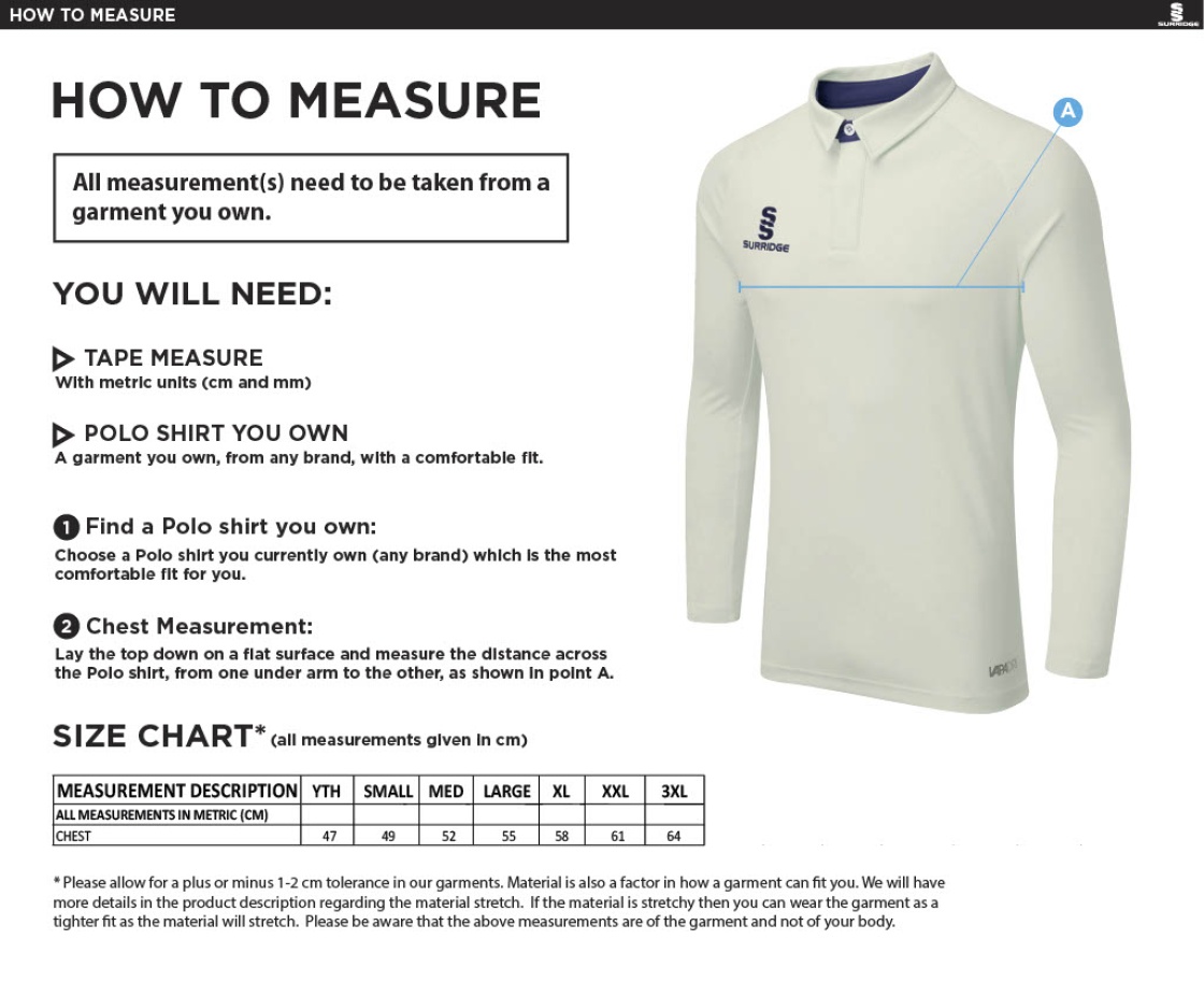 University of Manchester - Dual Cricket Shirt Long Sleeve - Men's Fit - Size Guide