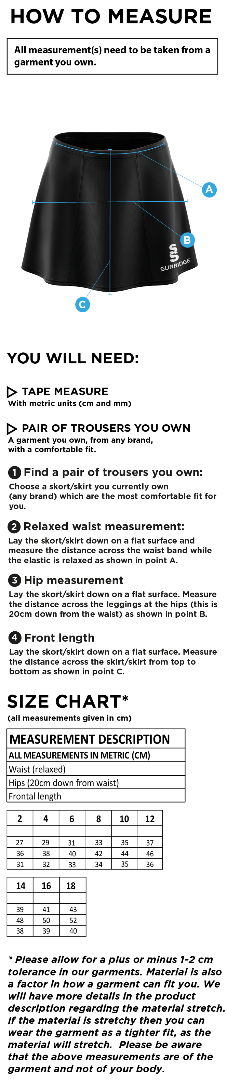 University of Manchester - Blade Skort - Size Guide