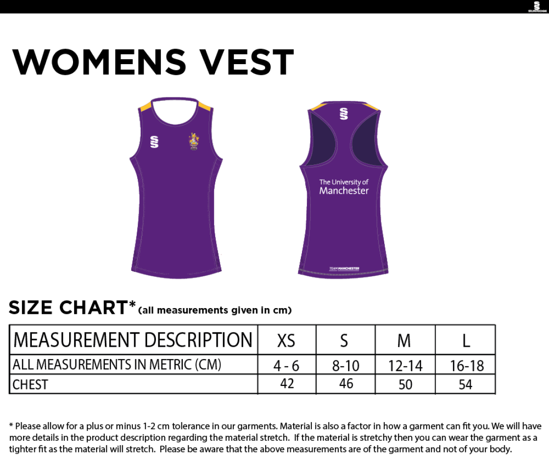 University of Manchester - Cricket - Vest - Women's - Size Guide