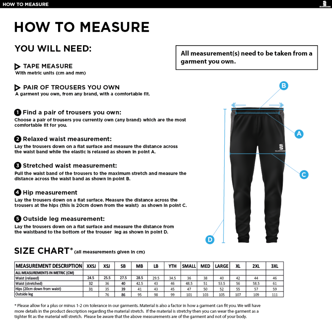 University of Manchester - Tek Slim Training Pants - Unisex Fit - Size Guide
