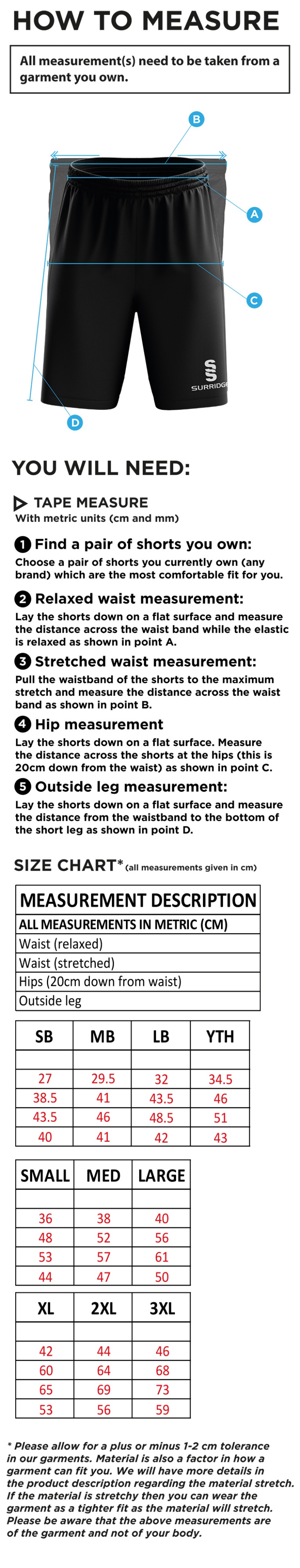 University of Manchester - Playing Short with Pockets - Unisex - Size Guide