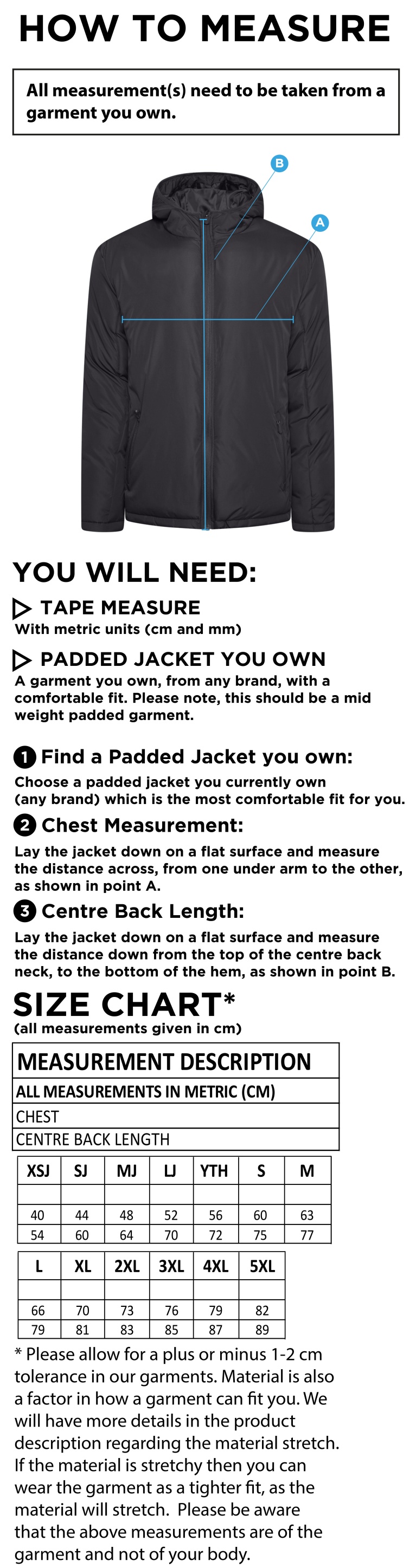 University of Manchester - Active Padded Jacket - Unisex Fit - Size Guide