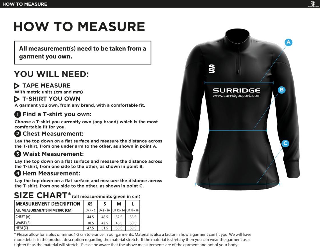 University of Manchester - 1/4 Performance Top - Women's - Size Guide