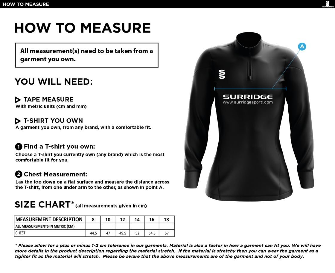 University of Manchester - Rowing 1/4 Performance Top - Women's - Size Guide