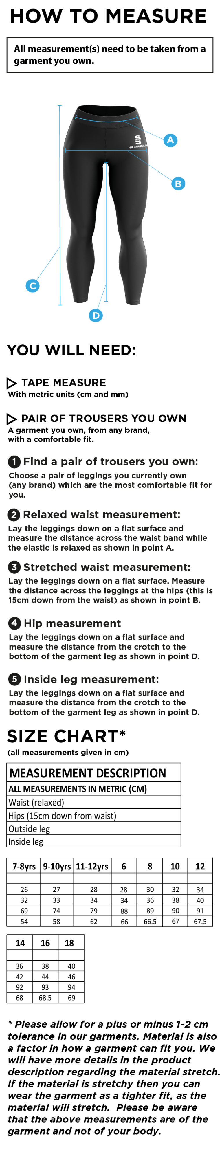 University of Manchester - Performance Full Length Leggings - Size Guide