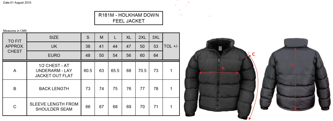 University of Manchester - Holkham Down Feel Jacket - Unisex Fit - Size Guide
