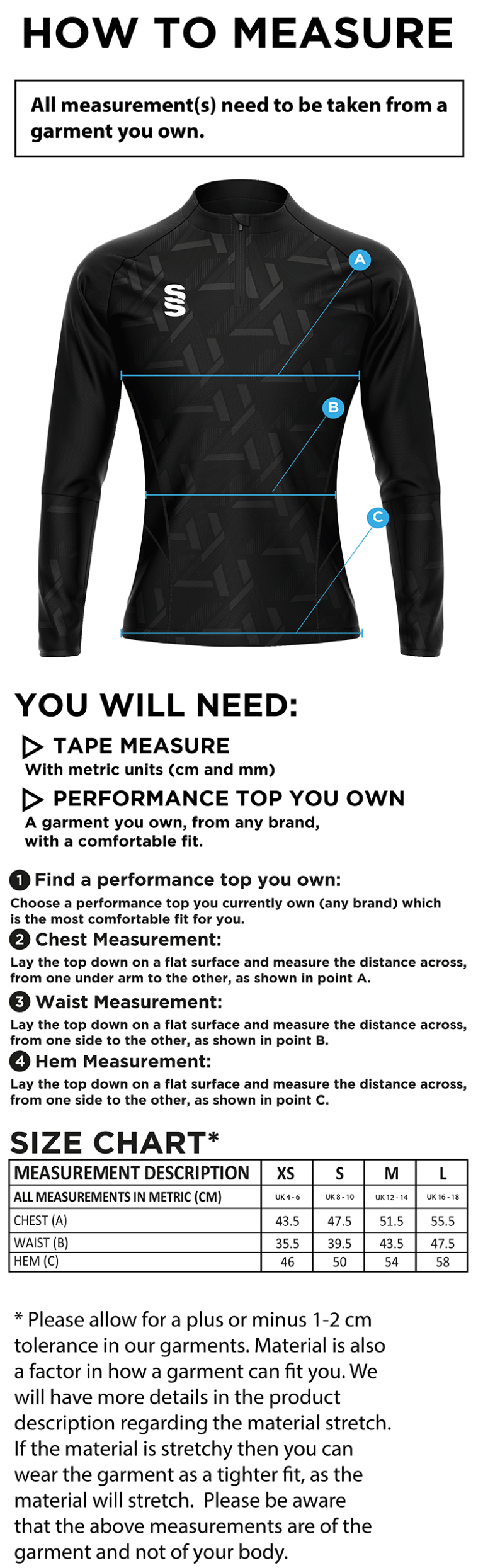 Manchester Rugby Medics - Impact 1/4 Zip Performance Top - Women's Fit - Size Guide