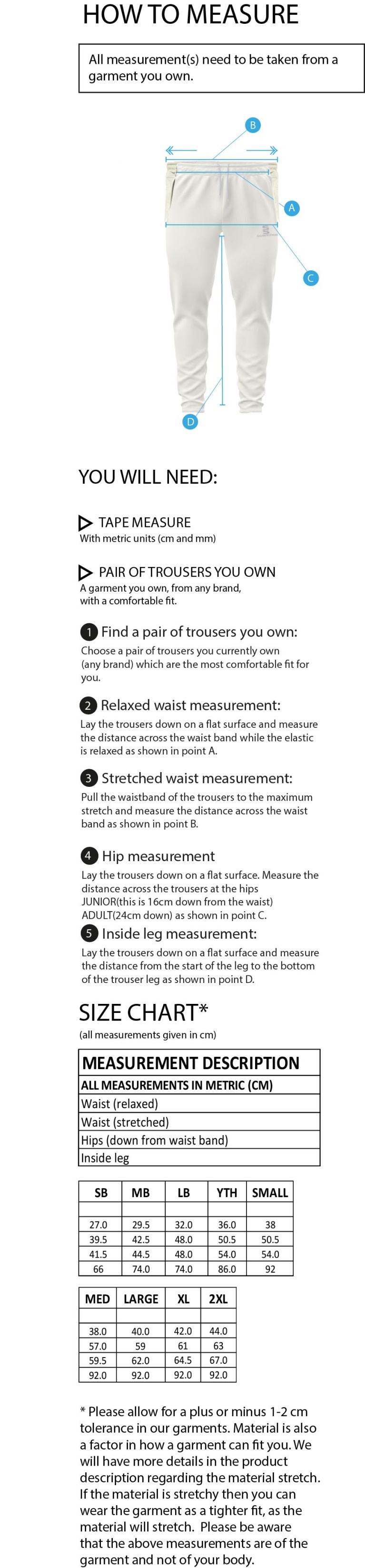 University of Manchester - Active Playing Pant - Size Guide