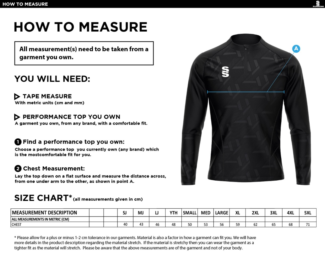 Manchester Rugby Medics - Impact 1/4 Zip Performance Top - Unisex Fit - Size Guide