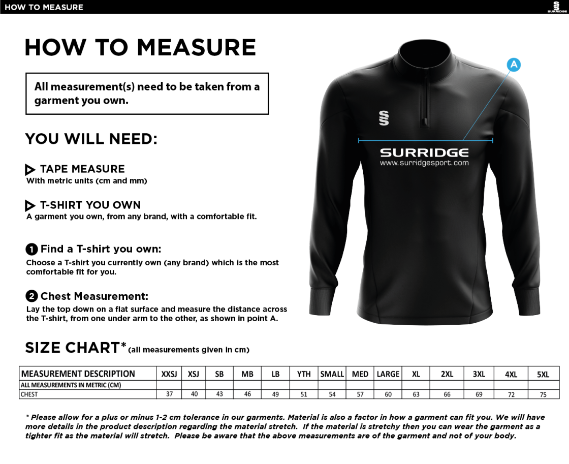 University of Manchester - Men's Hockey 1/4 Performance Top - Size Guide