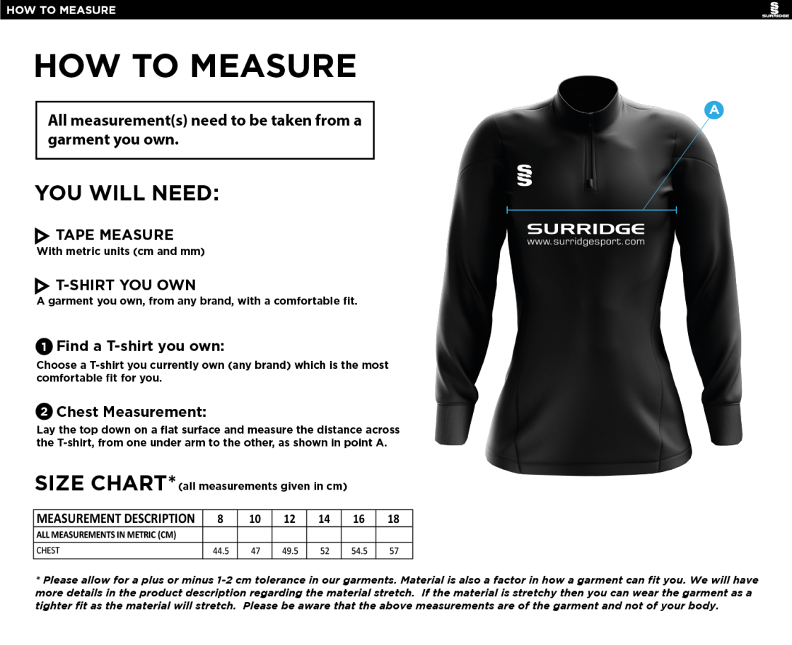 University of Manchester - Cricket 1/4 Performance Top - Women's - Size Guide