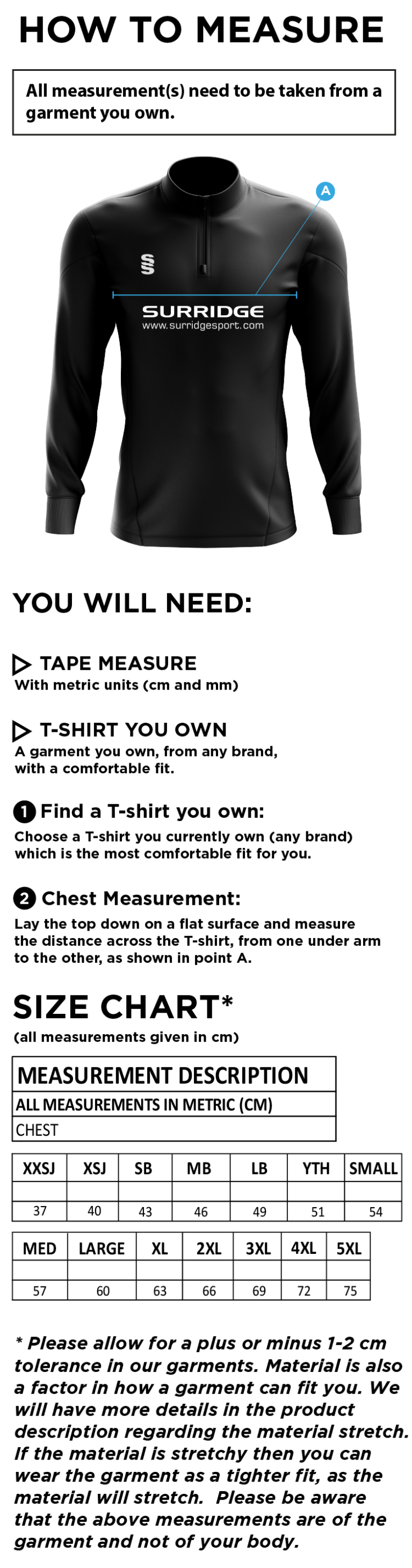 University of Manchester - Rowing 1/4 Performance Top - Men's - Size Guide