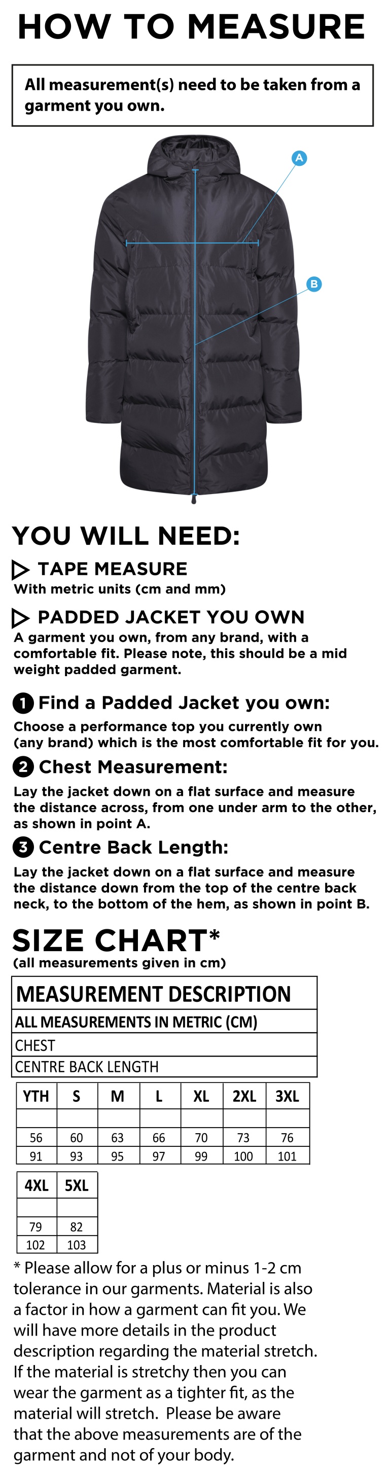 University of Manchester - Active Long Padded Jacket - Unisex Fit - Size Guide
