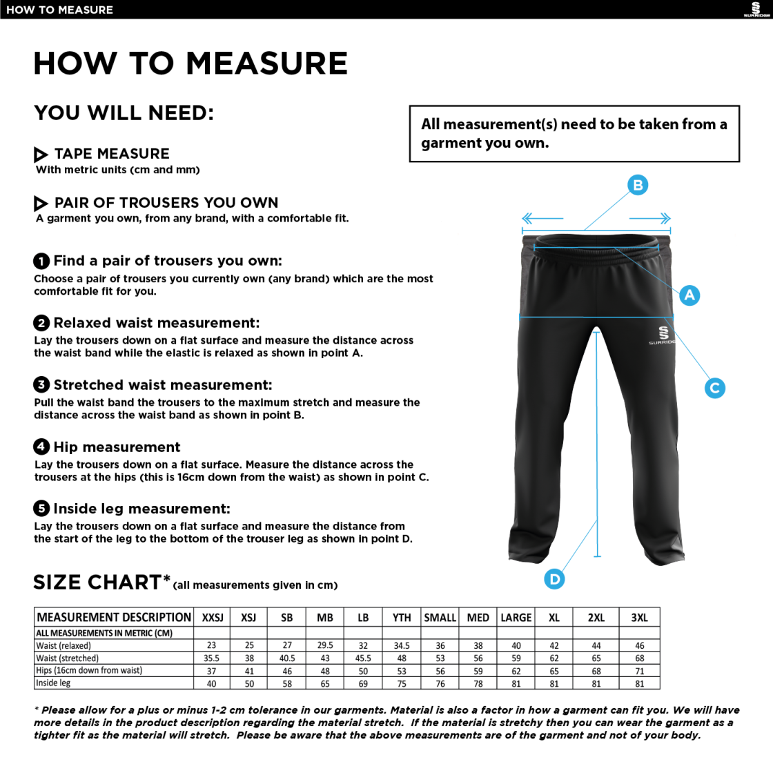 University of Manchester - Poplin Track Pant - Men's/Unisex Fit - Size Guide