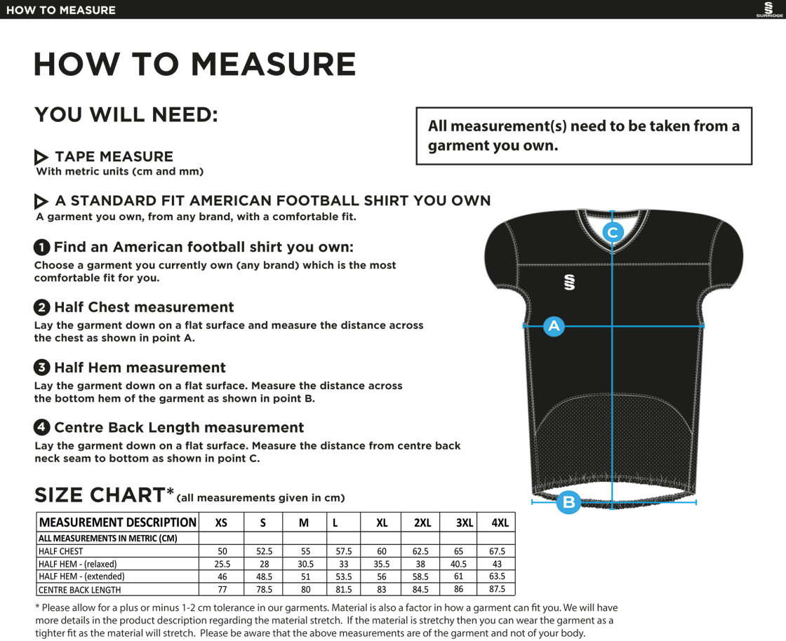 UNIVERSITY OF MANCHESTER AMERICAN FOOTBALL - AWAY SHIRT – YELLOW - Size Guide