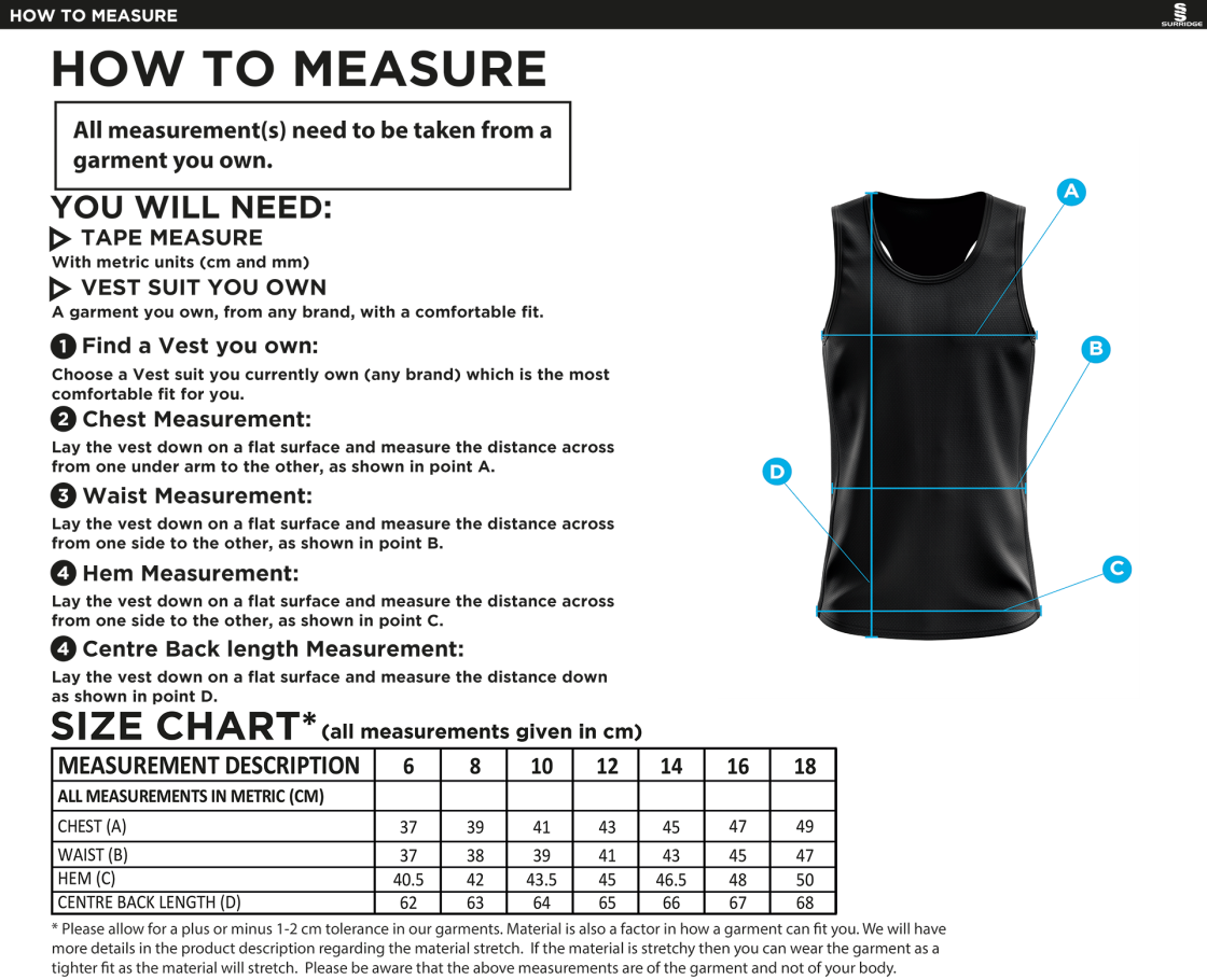UNIVERSITY OF MANCHESTER ATHLETICS VEST – AWAY – YELLOW – WOMEN’S - Size Guide