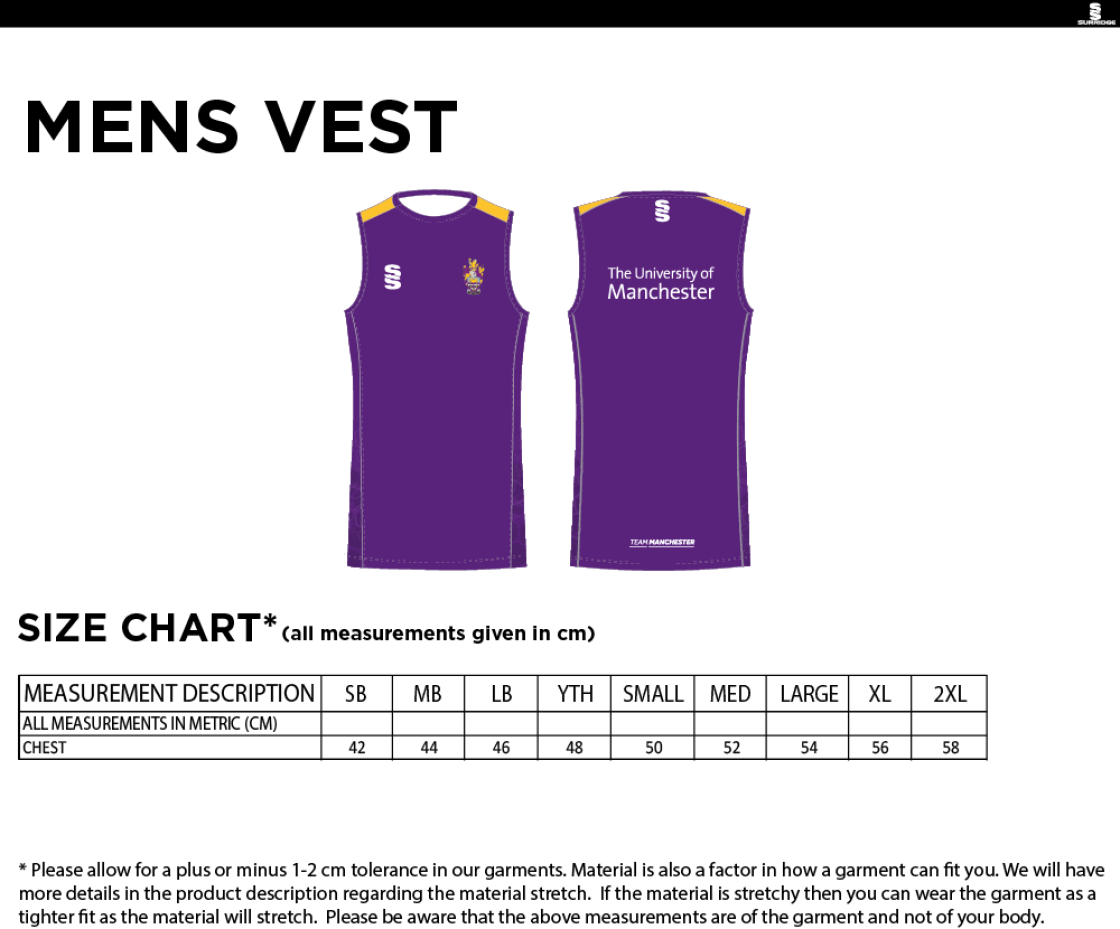 University of Manchester - Vest - Men's - Size Guide