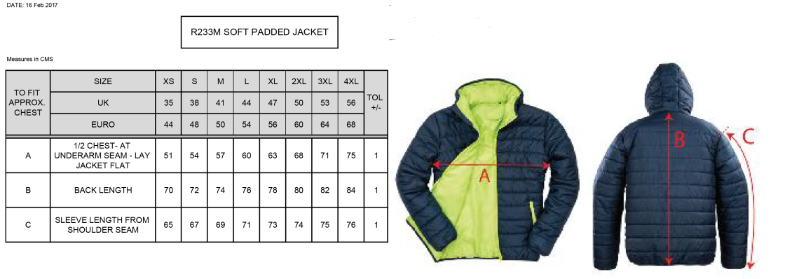 University of Manchester - Supersoft Padded Jacket - Unisex Fit - Size Guide