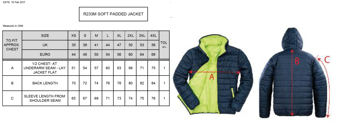 University of Manchester - Supersoft Padded Jacket - Unisex Fit - Size Guide
