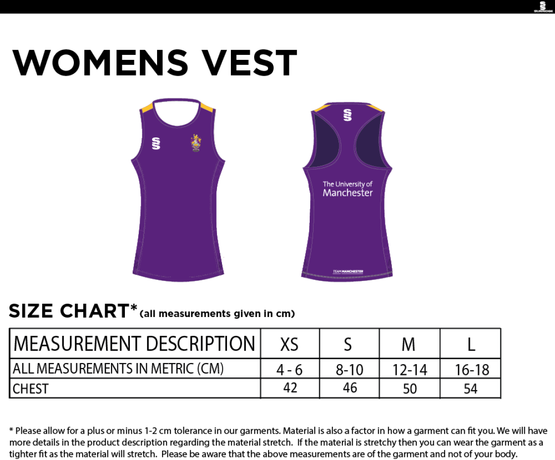 University of Manchester - Vest - Women's - Size Guide